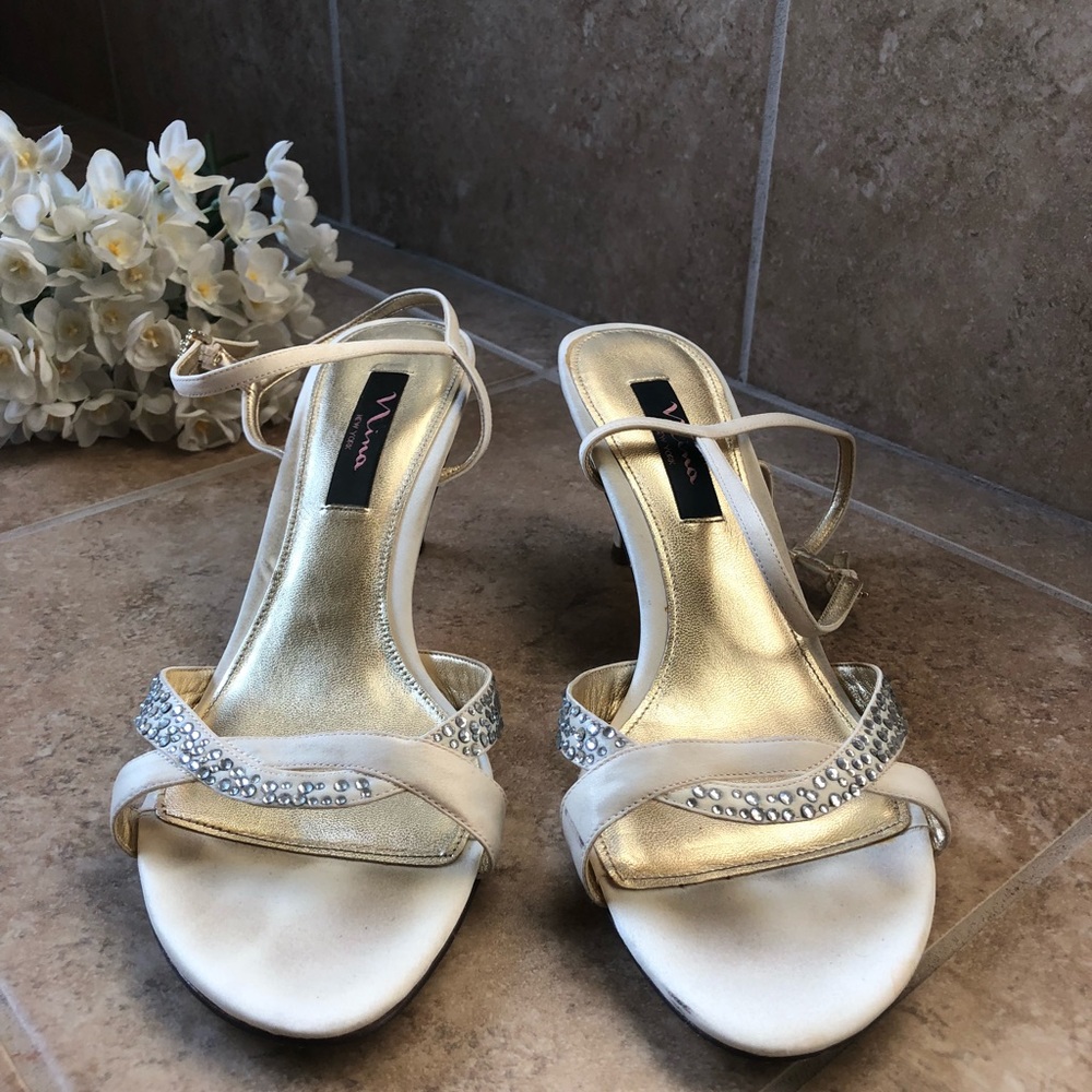Nina- ivory heels with crystal embellishments. 10